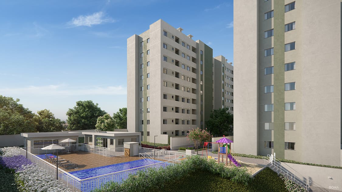 Vista externa de condomínio com torres residenciais, piscina com deck e playground infantil.