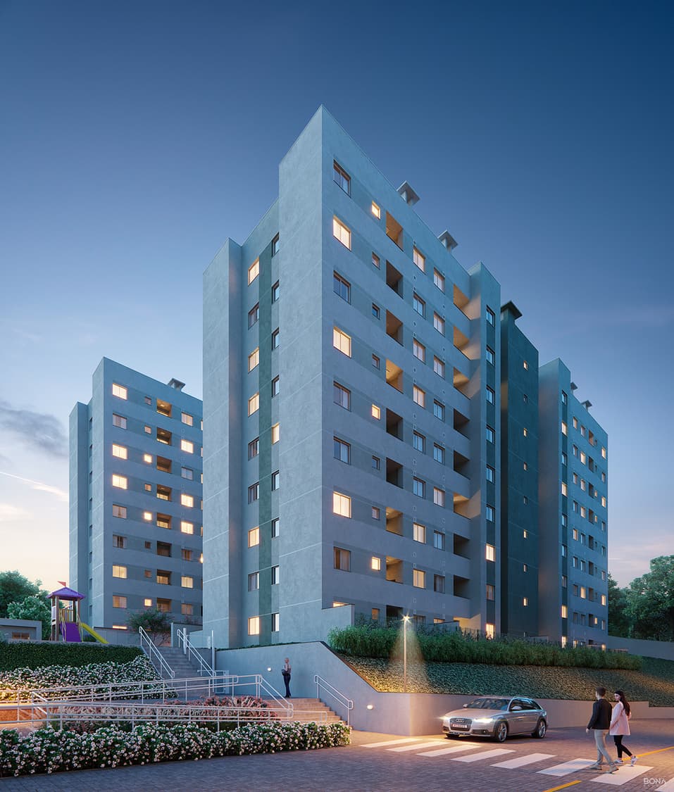 Fachada noturna de condomínio residencial com torres de apartamentos, iluminação externa e paisagismo.