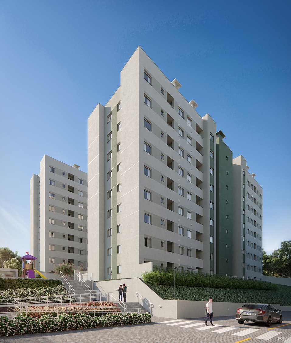 Fachada de condomínio residencial com torres de apartamentos, áreas ajardinadas e playground.