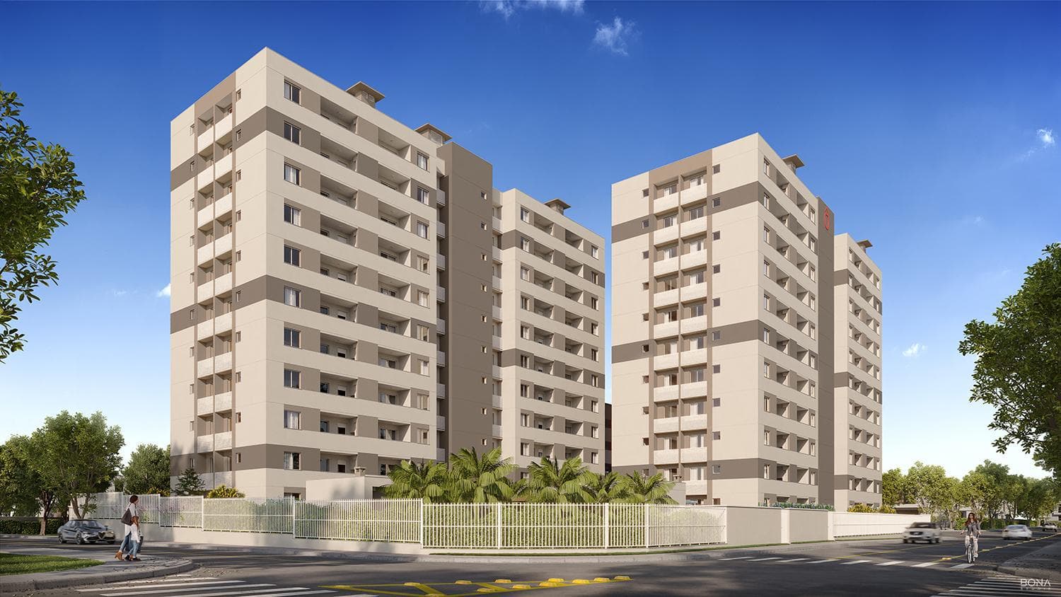 Perspectiva externa de condomínio residencial com torres de apartamentos em tons de bege e cinza, cercadas por muros e vegetação.