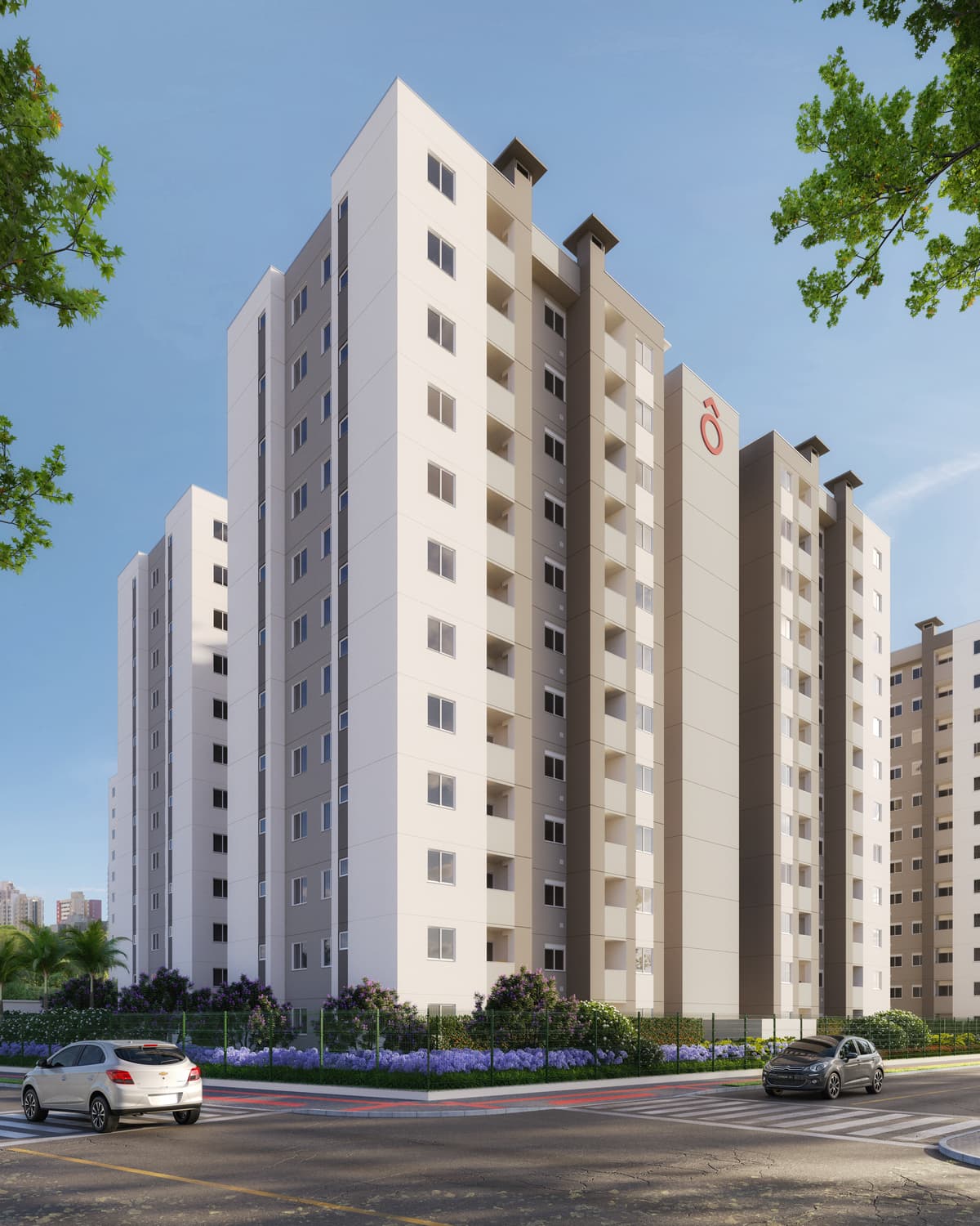 Fachada de edifício residencial com arquitetura moderna, tons neutros e paisagismo na base.